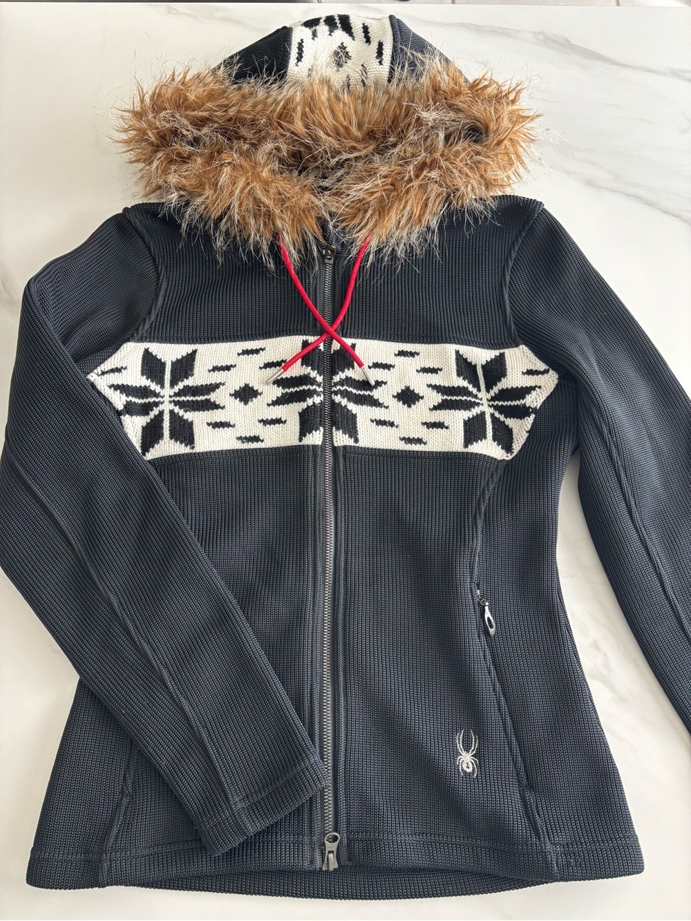 Spider Black Knit Hooded Jacket with Faux-Fur Trim Sz M
